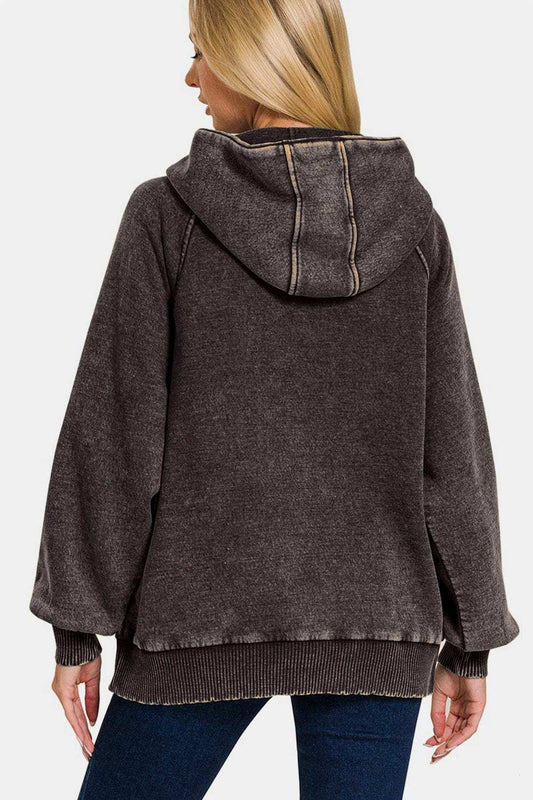 Zenana Acid Wash Fleece Kangaroo Hoodie - Trendsi - Flyclothing LLC
