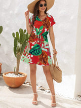 Drawstring Printed V-Neck Mini Dress - Trendsi - Flyclothing LLC