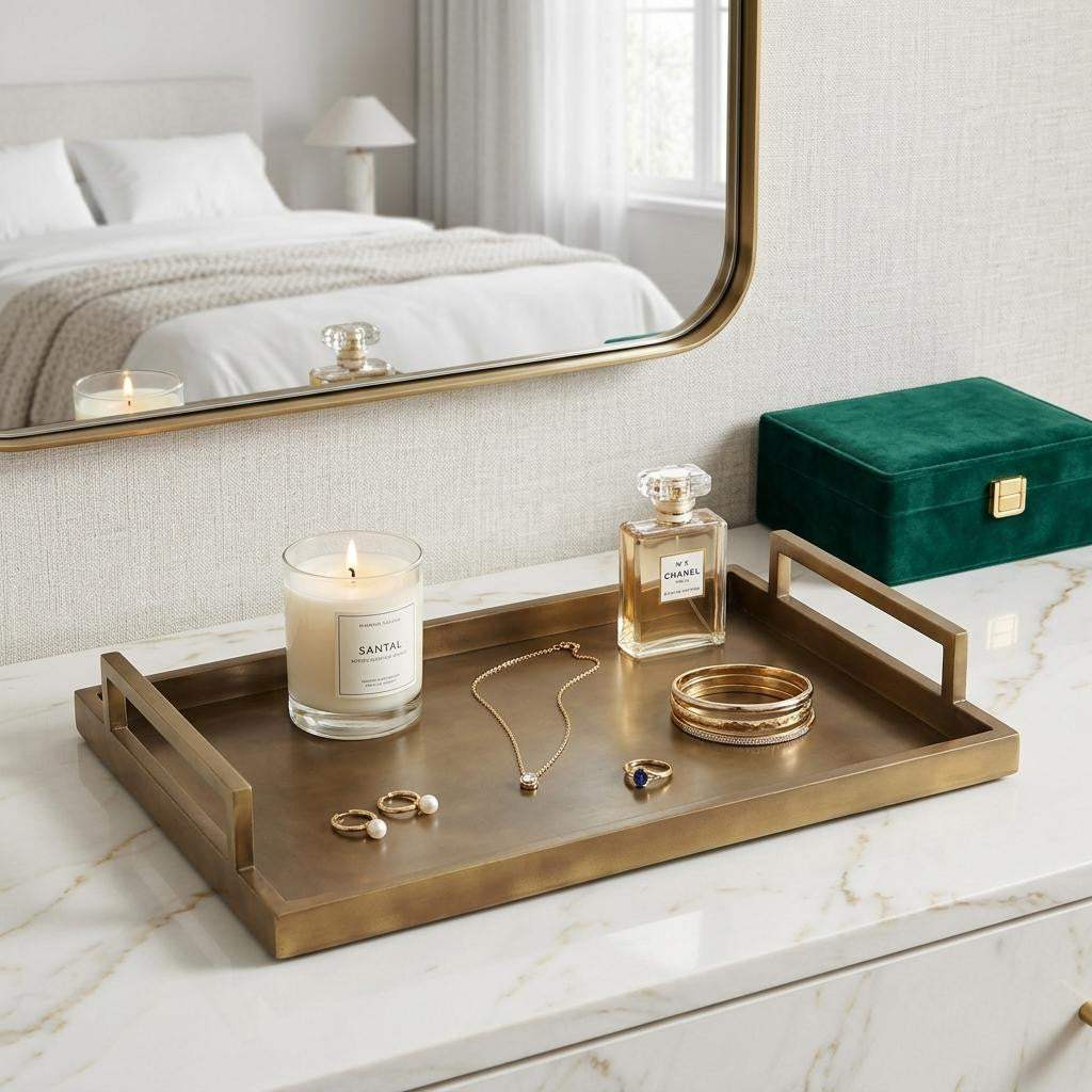 15" Gold Aluminum Hand Finished Vanity Tray With Handles - HomeRoots - Flyclothing LLC