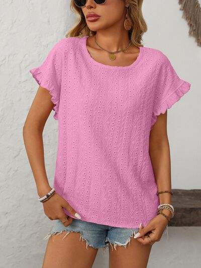 Mandy Eyelet Round Neck Short Sleeve Top - Trendsi - Flyclothing LLC