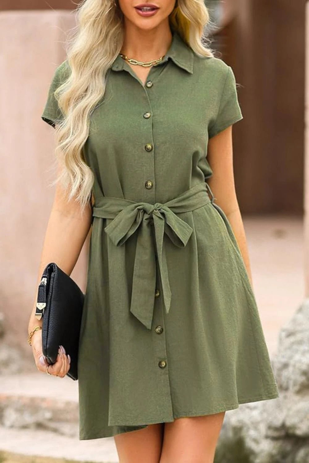 Tied Button Up Short Sleeve Dress - Trendsi