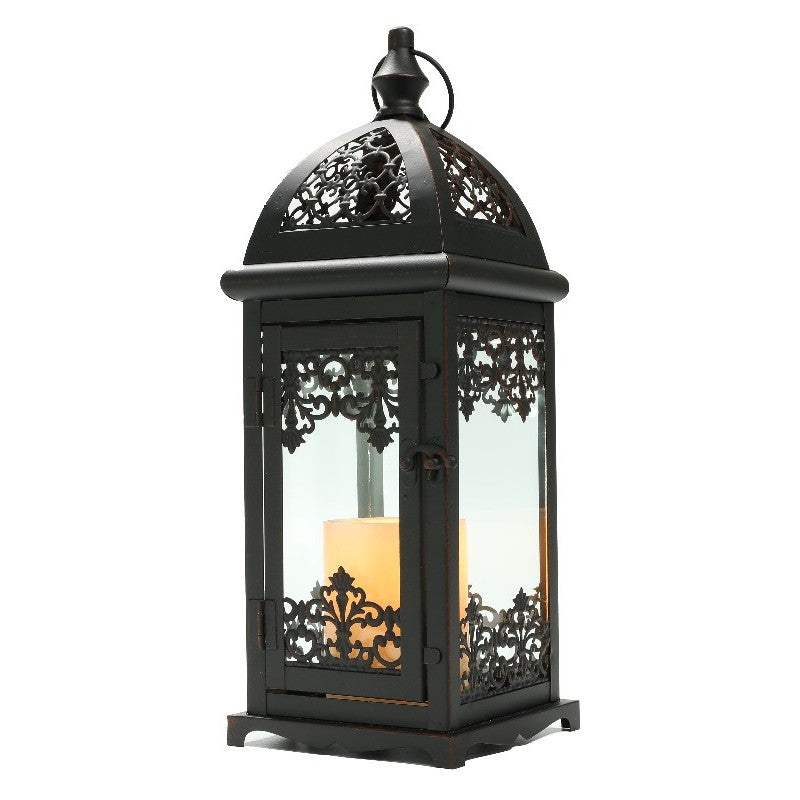 15" Black And Clear Metal And Glass Filigree Tabletop Lantern Candle Holder - HomeRoots - Flyclothing LLC