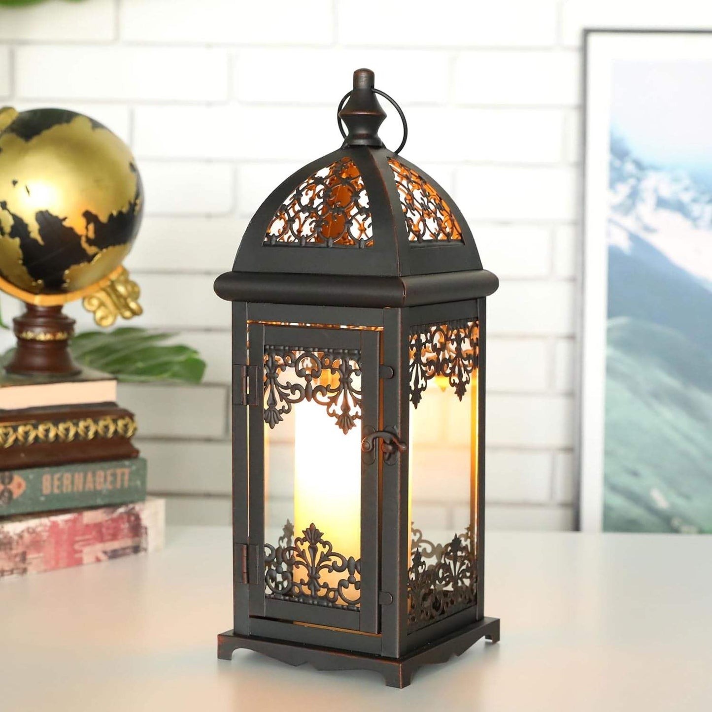 15" Black And Clear Metal And Glass Filigree Tabletop Lantern Candle Holder - HomeRoots - Flyclothing LLC
