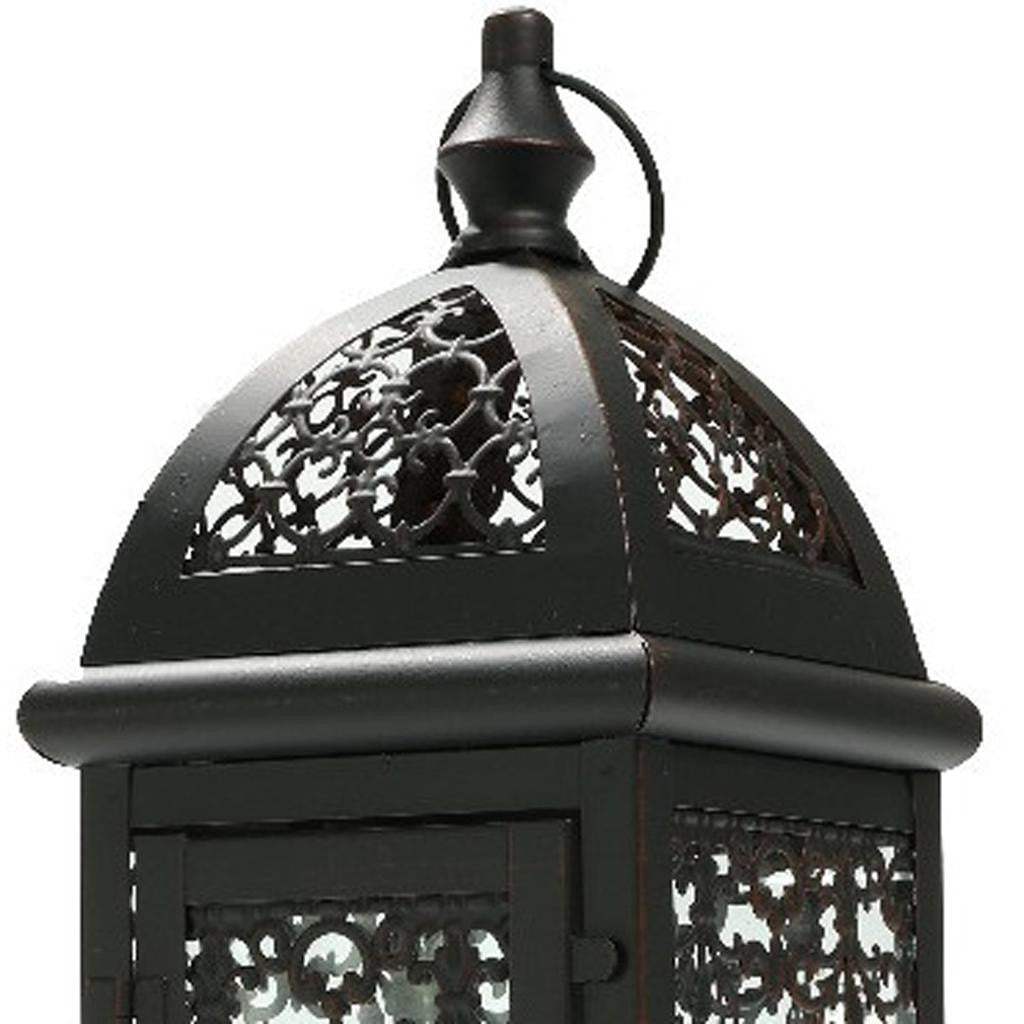 15" Black And Clear Metal And Glass Filigree Tabletop Lantern Candle Holder - HomeRoots - Flyclothing LLC