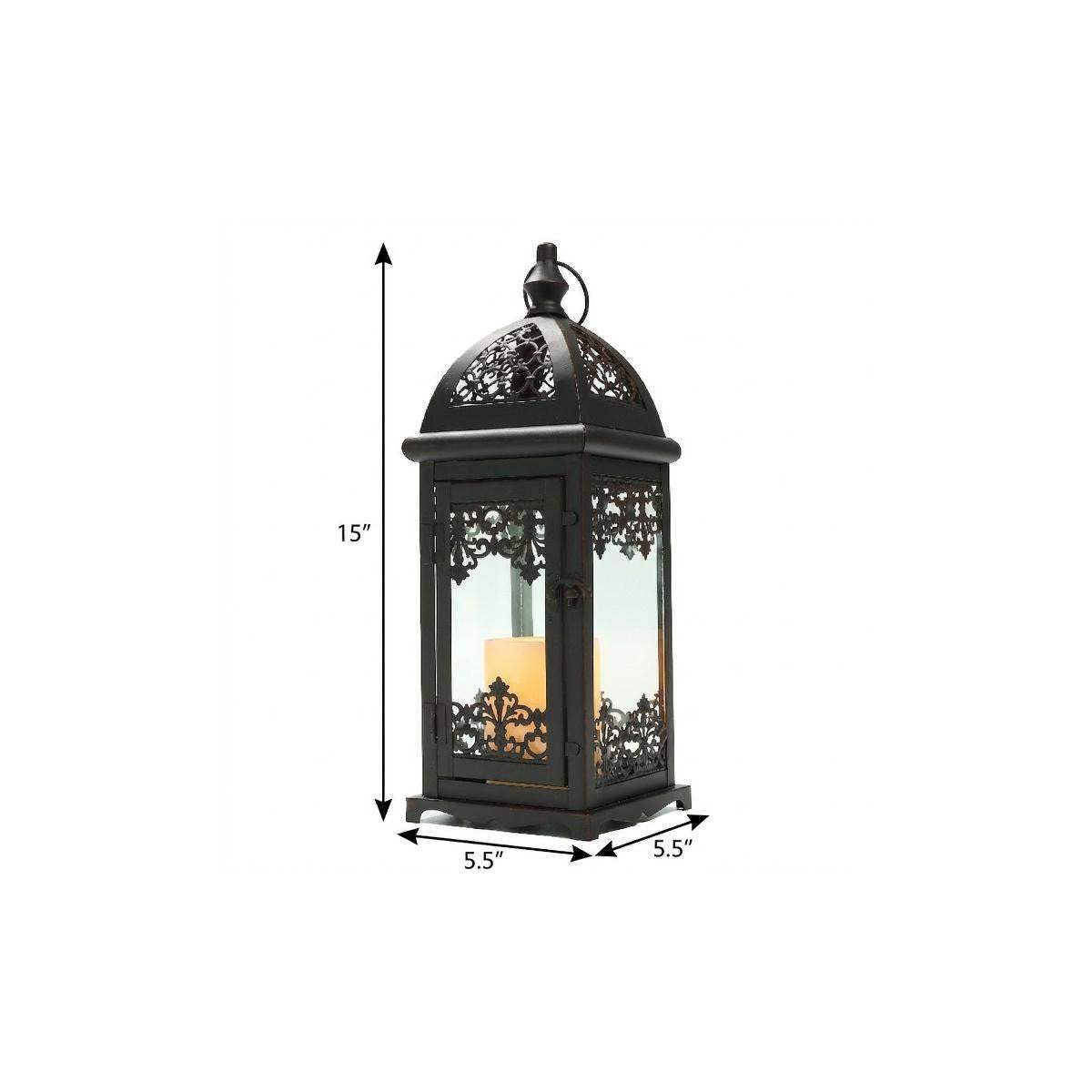 15" Black And Clear Metal And Glass Filigree Tabletop Lantern Candle Holder - HomeRoots - Flyclothing LLC