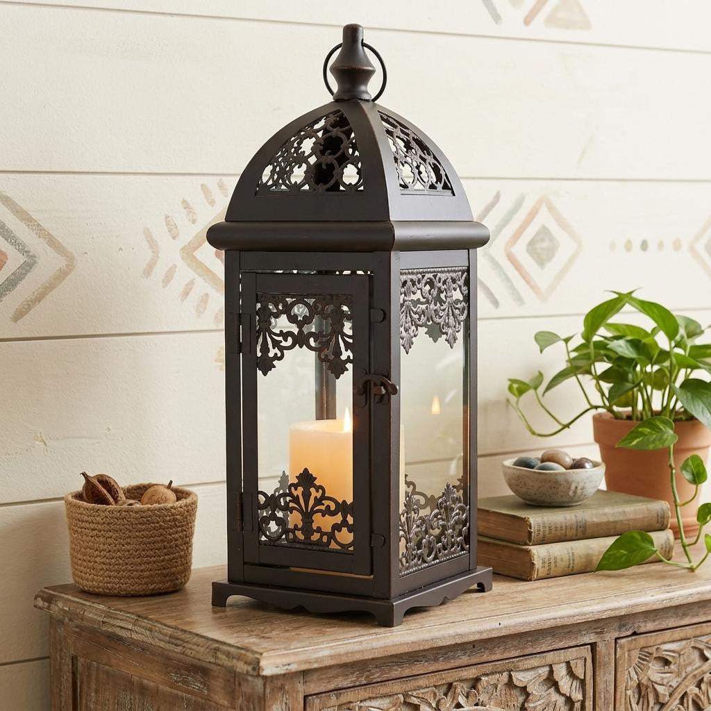 15" Black And Clear Metal And Glass Filigree Tabletop Lantern Candle Holder - HomeRoots - Flyclothing LLC
