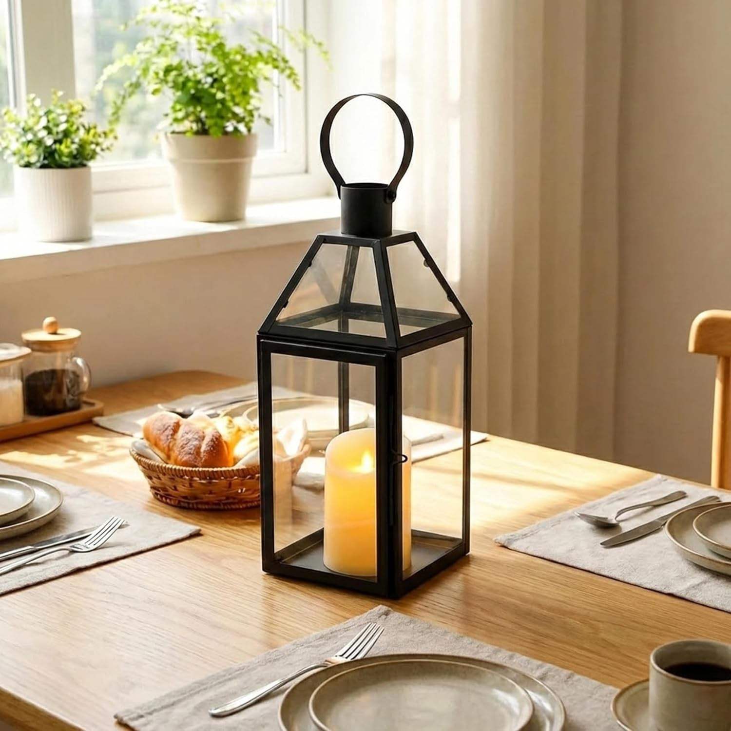 16" Black And Clear Glass And Metal Tabletop Lantern Candle Holder - HomeRoots - Flyclothing LLC
