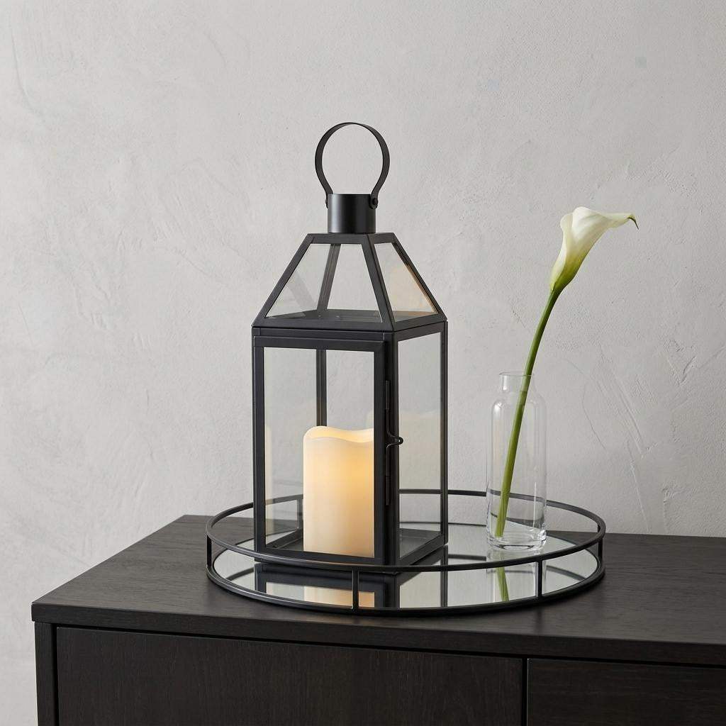 16" Black And Clear Glass And Metal Tabletop Lantern Candle Holder - HomeRoots - Flyclothing LLC