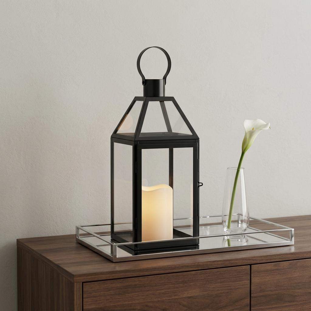 16" Black And Clear Glass And Metal Tabletop Lantern Candle Holder - HomeRoots - Flyclothing LLC