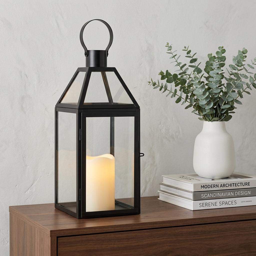 16" Black And Clear Glass And Metal Tabletop Lantern Candle Holder - HomeRoots - Flyclothing LLC