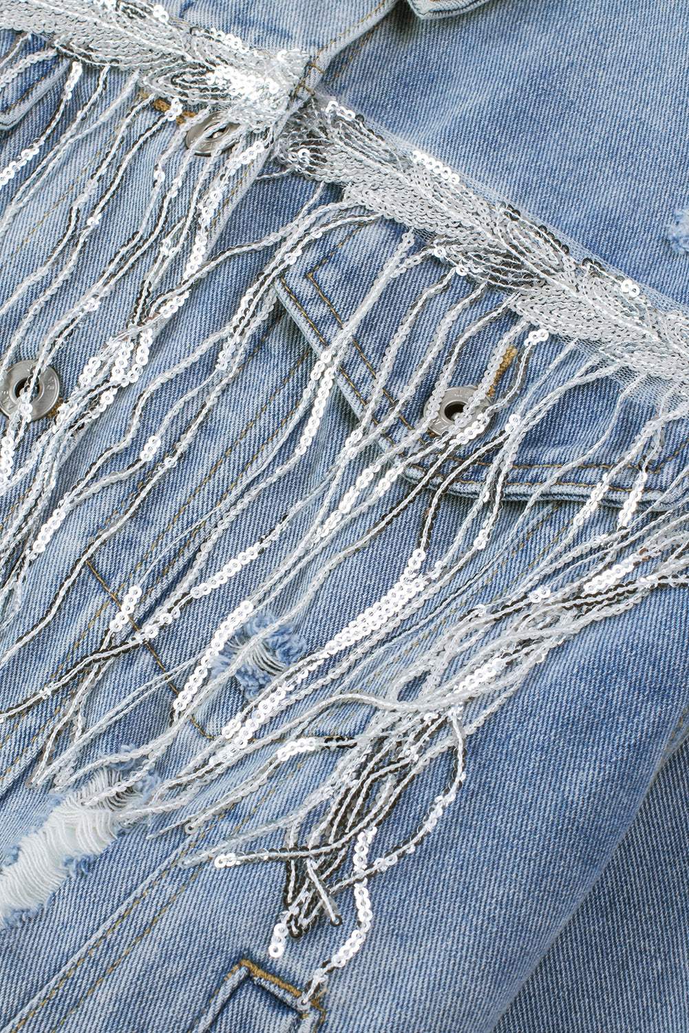 Sequin Fringe Trim Distressed Button Up Denim Jacket - Trendsi - Flyclothing LLC