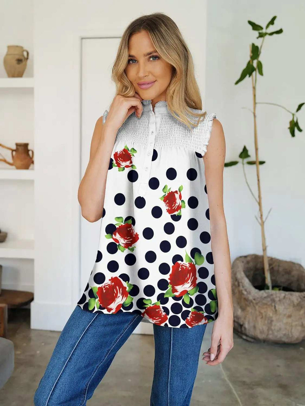 Frill Printed Mock Neck Top - Trendsi - Flyclothing LLC