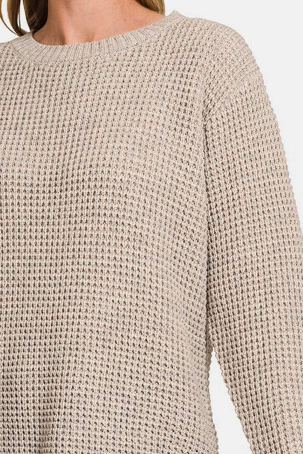 Zenana High Low Long Sleeve Waffle Sweater - Trendsi - Flyclothing LLC