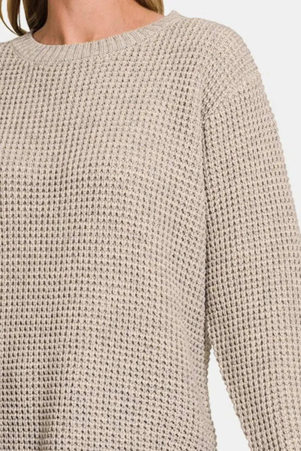 Zenana High Low Long Sleeve Waffle Sweater - Trendsi - Flyclothing LLC