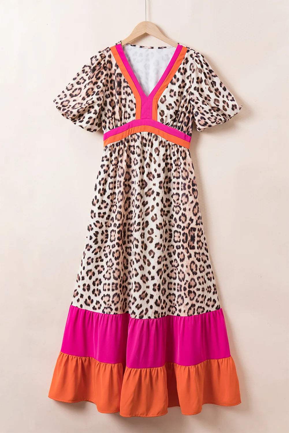 Full Size Leopard V-Neck Half Sleeve Maxi Dress - Trendsi - Flyclothing LLC