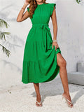 Frill Mock Neck Ruffled Cap Sleeve Midi Dress - Trendsi