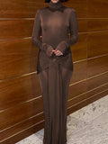 Ruched Turtleneck Long Sleeve Tie Front Maxi Dress - Trendsi - Flyclothing LLC