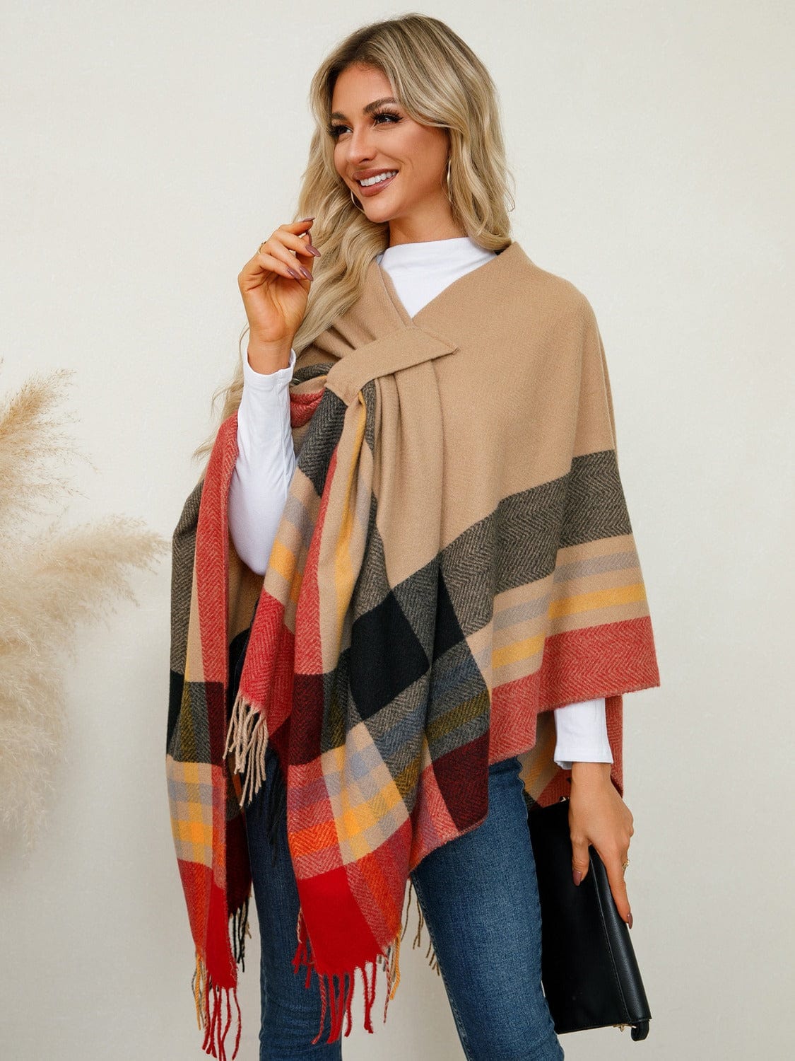 Fringe Contrast Plaid Poncho - Trendsi