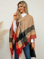 Fringe Contrast Plaid Poncho - Trendsi