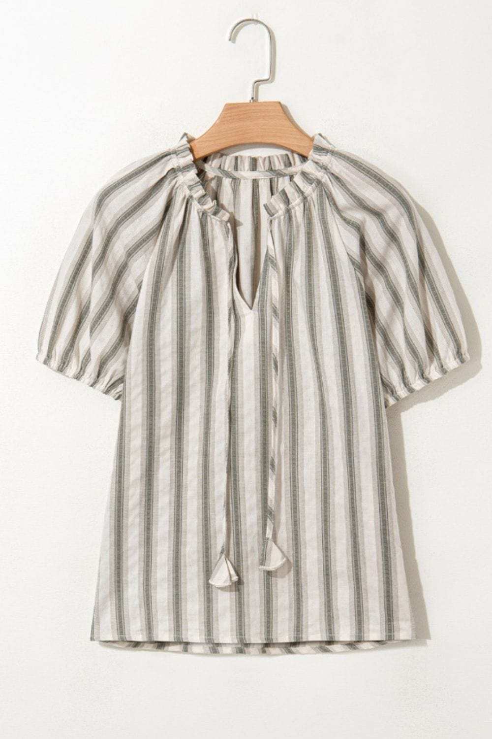Stripe Frilled Tie Neck Short Sleeve Blouse - Trendsi - Flyclothing LLC