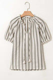 Stripe Frilled Tie Neck Short Sleeve Blouse - Trendsi - Flyclothing LLC