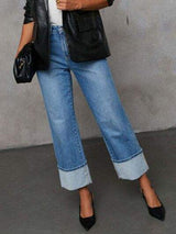 High Waisted Straight Leg Rolled Jeans - Trendsi - Flyclothing LLC