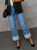 High Waisted Straight Leg Rolled Jeans - Trendsi - Flyclothing LLC