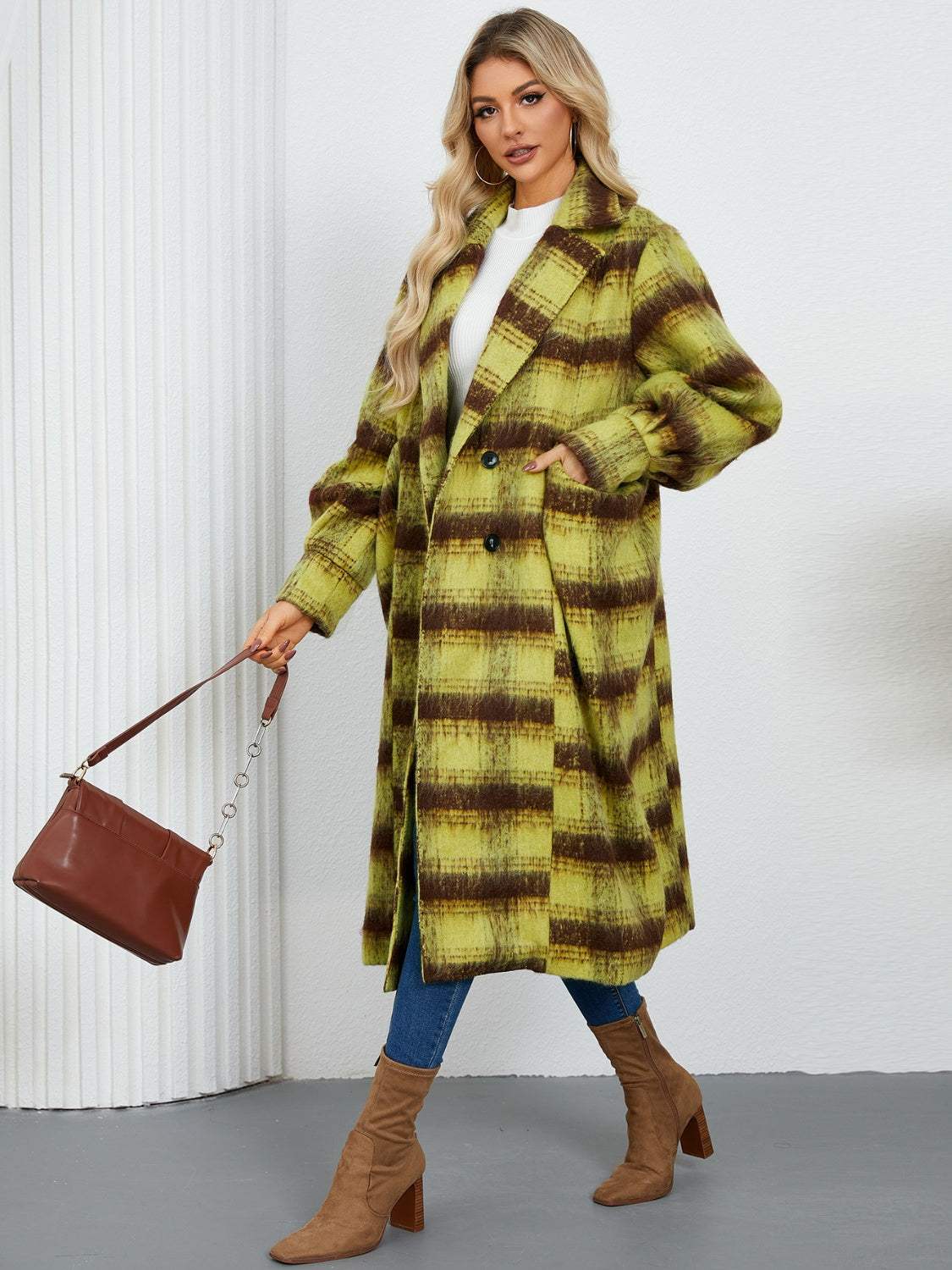 Contrast Double-Breasted Long Sleeve Longline Coat - Trendsi - Flyclothing LLC