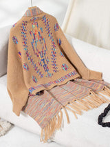 Fringe Geometric Open Front Long Sleeve Cape - Trendsi - Flyclothing LLC