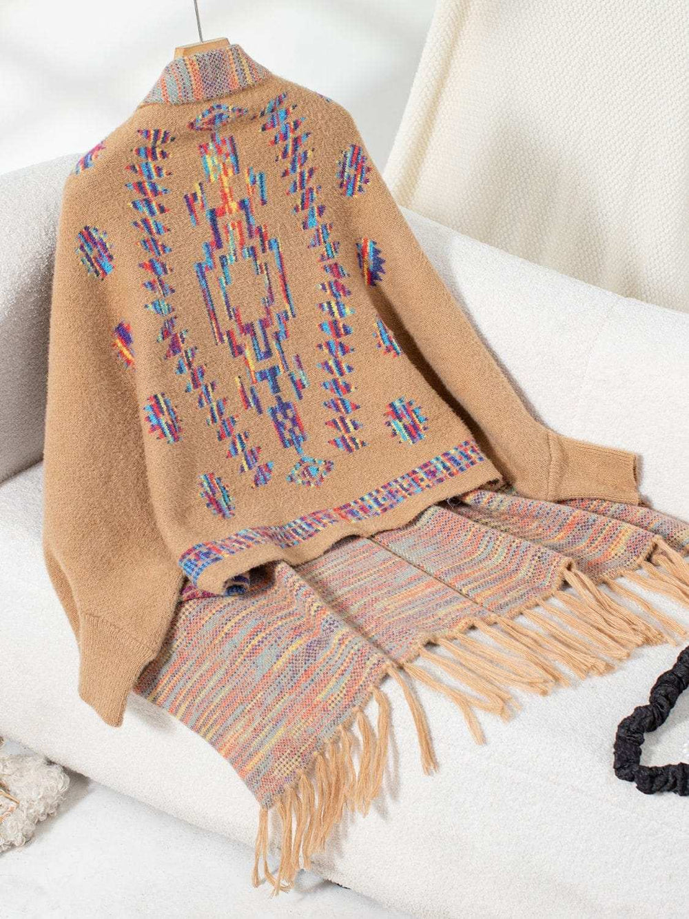 Fringe Geometric Open Front Long Sleeve Cape - Trendsi - Flyclothing LLC