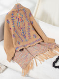Fringe Geometric Open Front Long Sleeve Cape - Trendsi