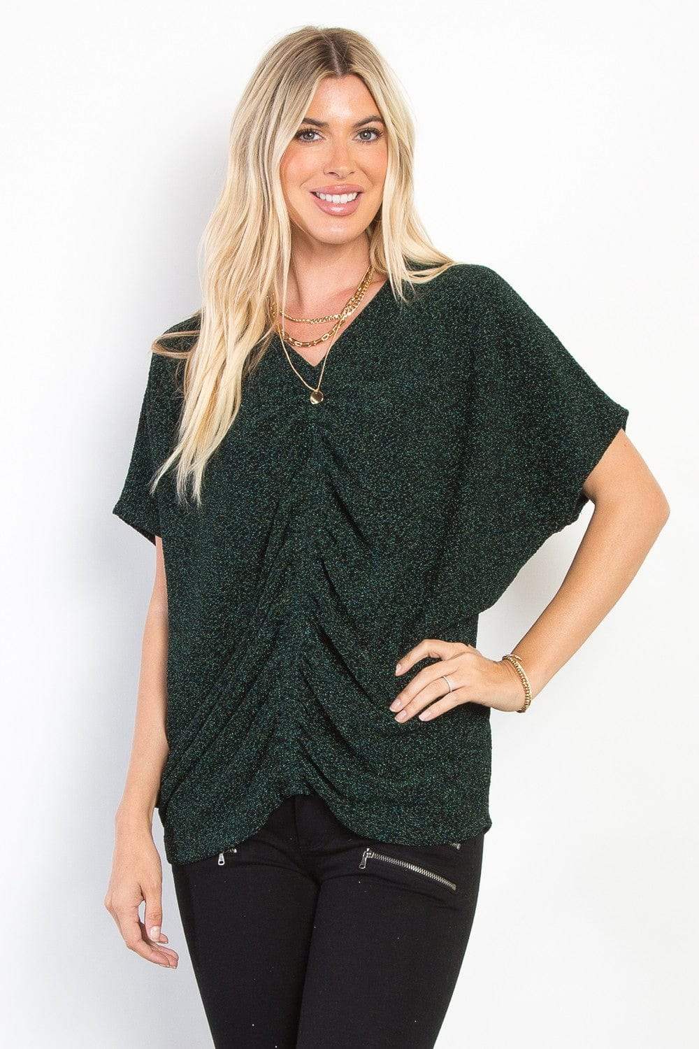 Be Stage Full Size Lurex Center Elastic Cinched Knit Top - Trendsi - Flyclothing LLC