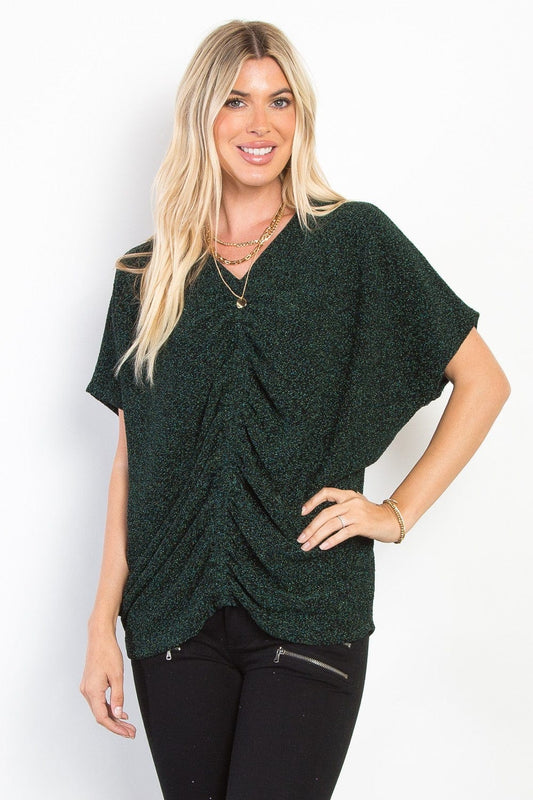 Be Stage Full Size Lurex Center Elastic Cinched Knit Top - Trendsi