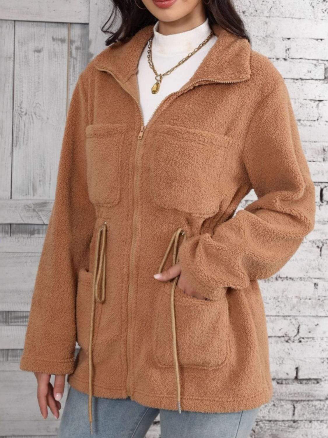 Drawstring Zip Up Long Sleeve Outerwear - Trendsi - Flyclothing LLC