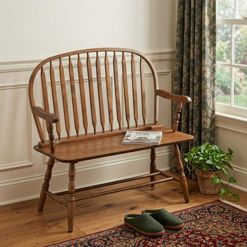 44" Oak Wood Windsor Spindle Back Bench - HomeRoots - Flyclothing LLC