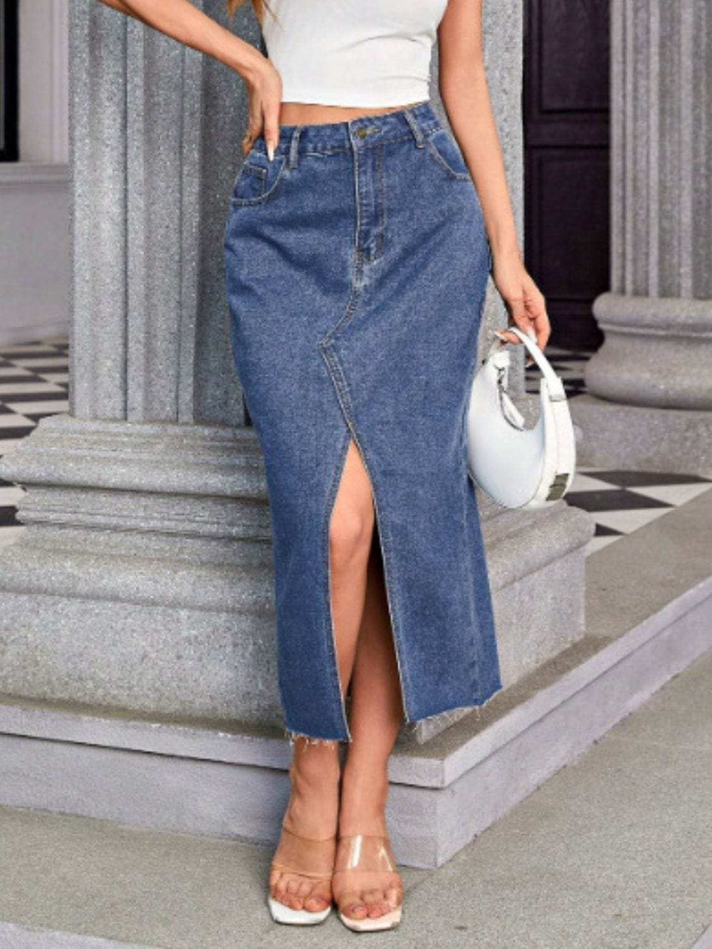 Slit Midi Denim Skirt with Pockets - Trendsi - Flyclothing LLC