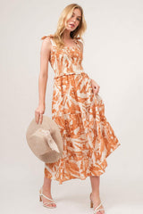 And The Why Tie Shoulder Smocked Midi Tiered Dress - Trendsi - Flyclothing LLC