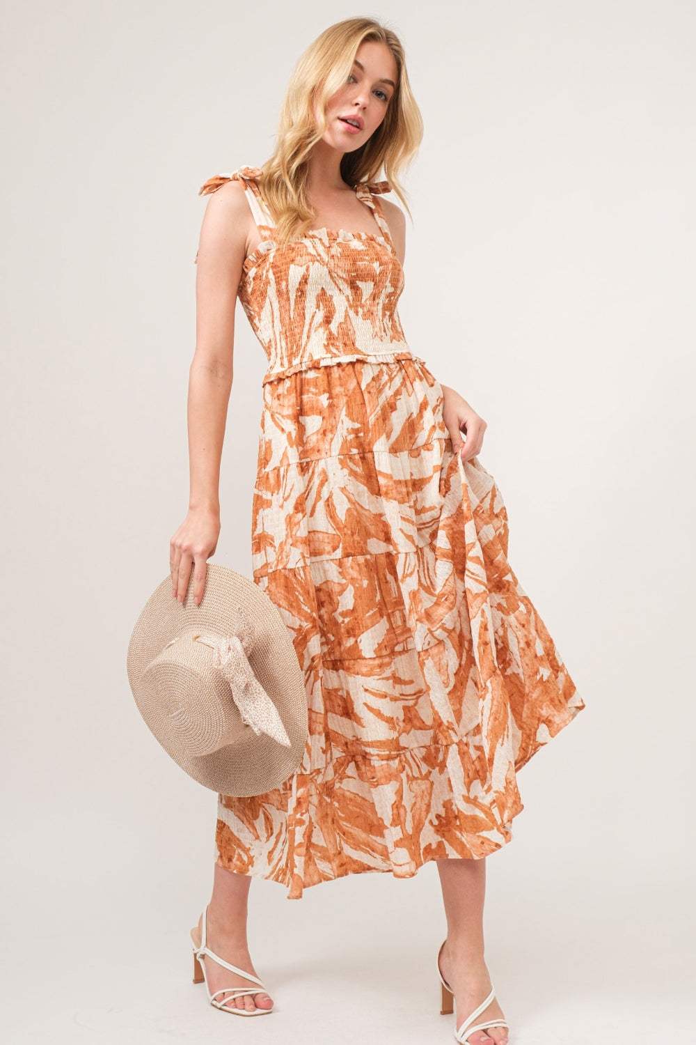 And The Why Tie Shoulder Smocked Midi Tiered Dress - Trendsi - Flyclothing LLC