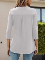 Notched Three-Quarter Sleeve T-Shirt - Trendsi - Flyclothing LLC