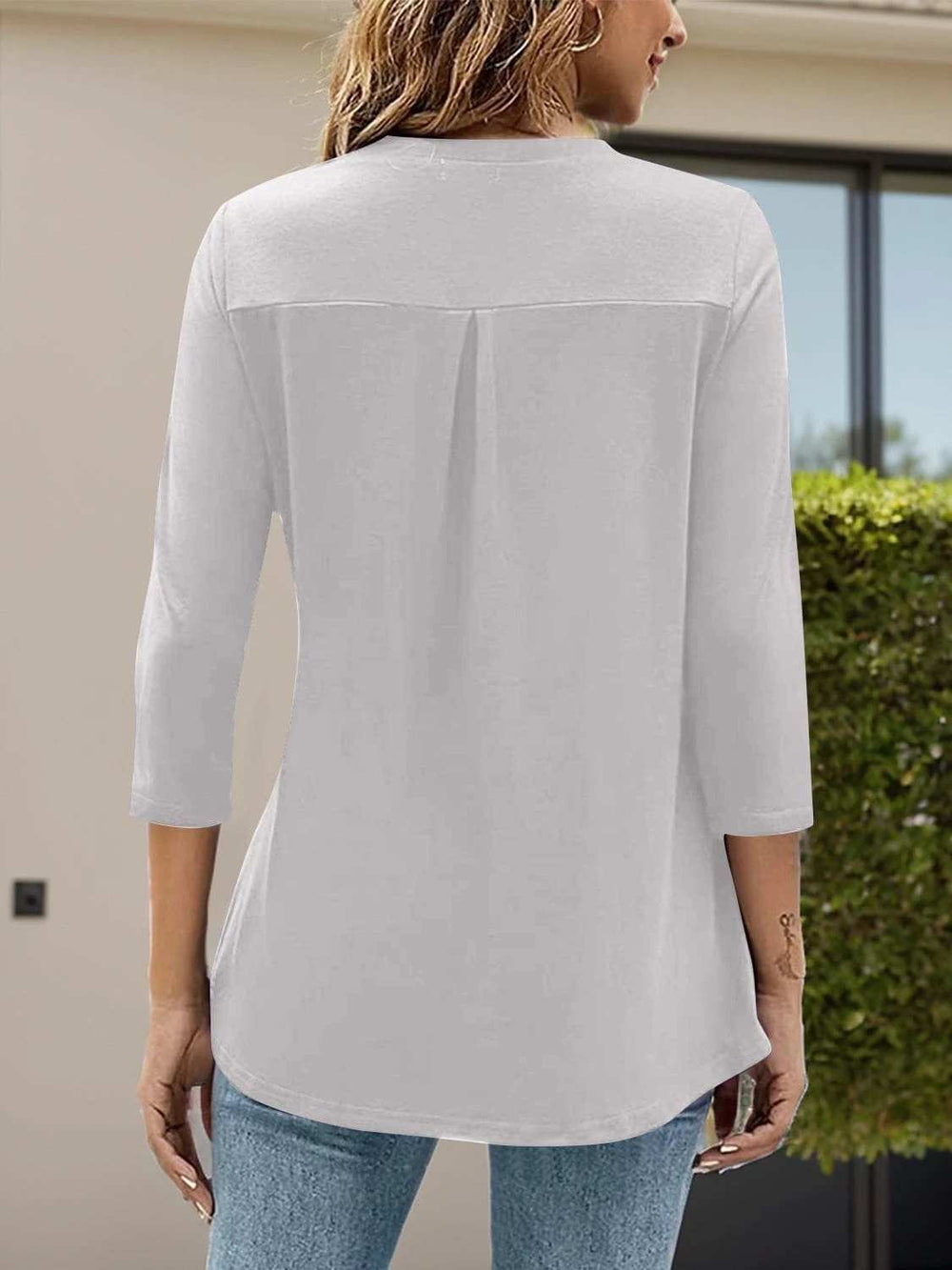 Notched Three-Quarter Sleeve T-Shirt - Trendsi - Flyclothing LLC