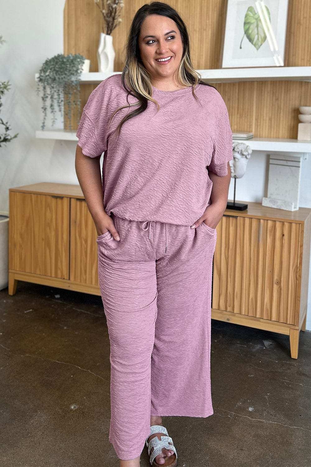 Double Take Full Size Texture Short Sleeve Top and Pants Set - Trendsi - Flyclothing LLC