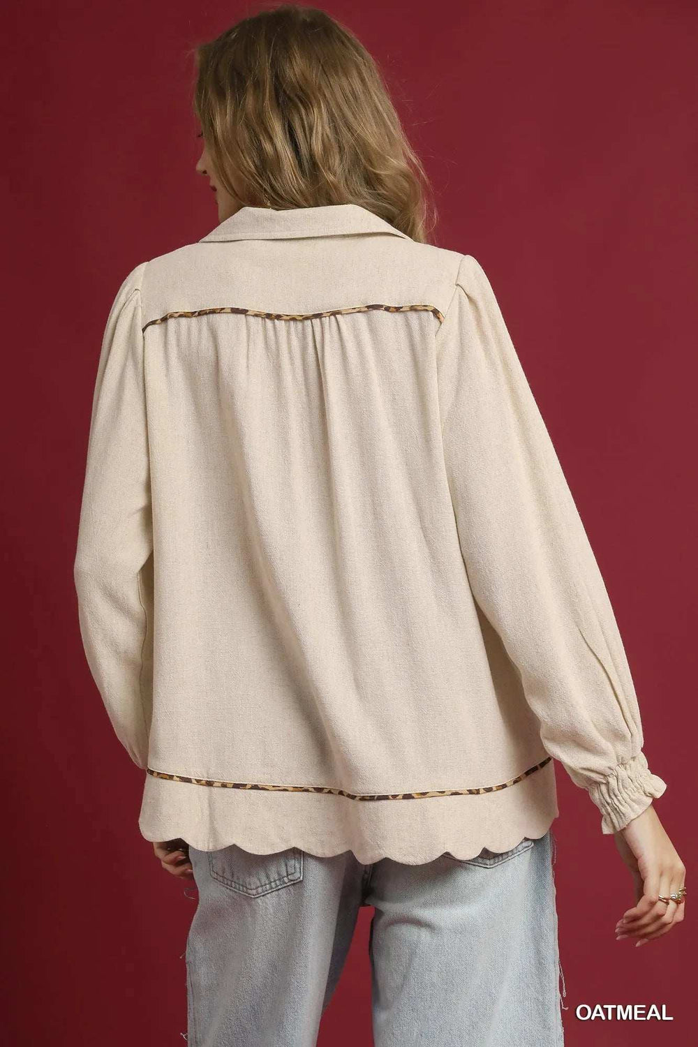 Umgee Full Size Linen Scallop Hem Blouse with Contrast Trim Plus Size - Trendsi - Flyclothing LLC
