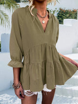 Ruffled Notched Three-Quarter Sleeve Blouse - Trendsi - Flyclothing LLC