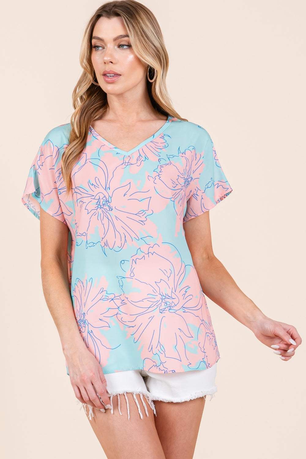 BOMBOM Floral Short Sleeve T-Shirt - Trendsi - Flyclothing LLC