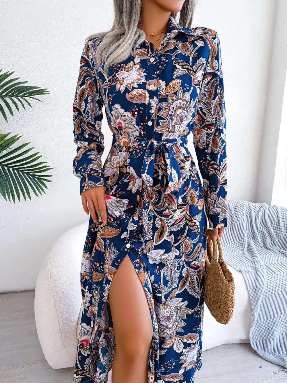 Tied Printed Long Sleeve Midi Dress - Trendsi - Flyclothing LLC