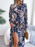 Tied Printed Long Sleeve Midi Dress - Trendsi - Flyclothing LLC