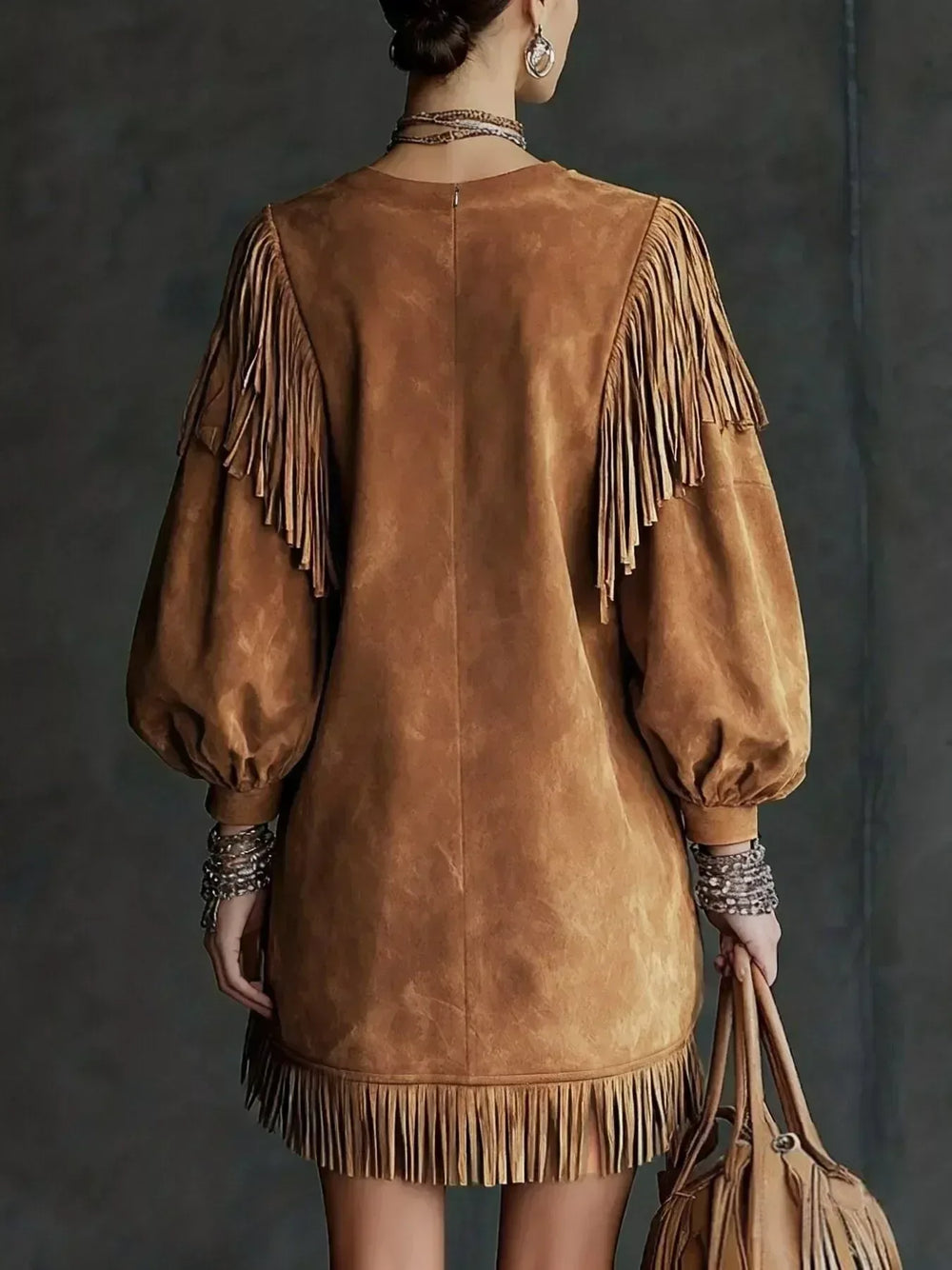 Suede Fringe Lantern Sleeve Mini Dress - Trendsi - Flyclothing LLC