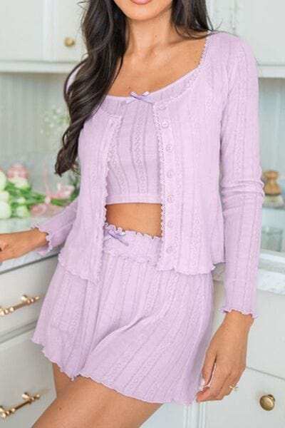 Button Down Cardigan, Cami and Shorts Set - Trendsi - Flyclothing LLC