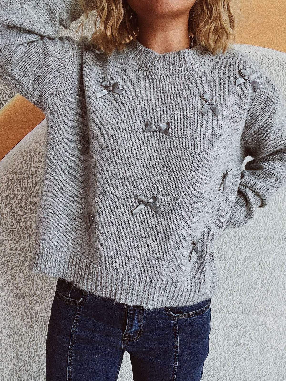 Bow Trim Round Neck Long Sleeve Sweater - Trendsi - Flyclothing LLC