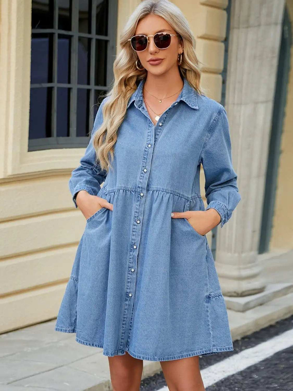Tiered Button Up Long Sleeve Denim Dress - Trendsi - Flyclothing LLC